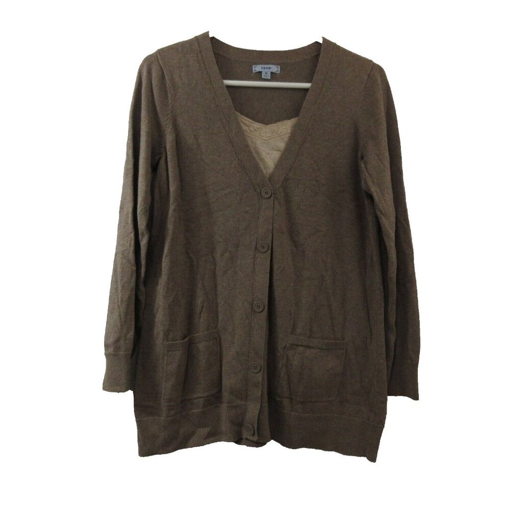 IZOD Cardigan Sweater Top Womens Size Medium 2-Piece Look Brown Pullover Long Sl